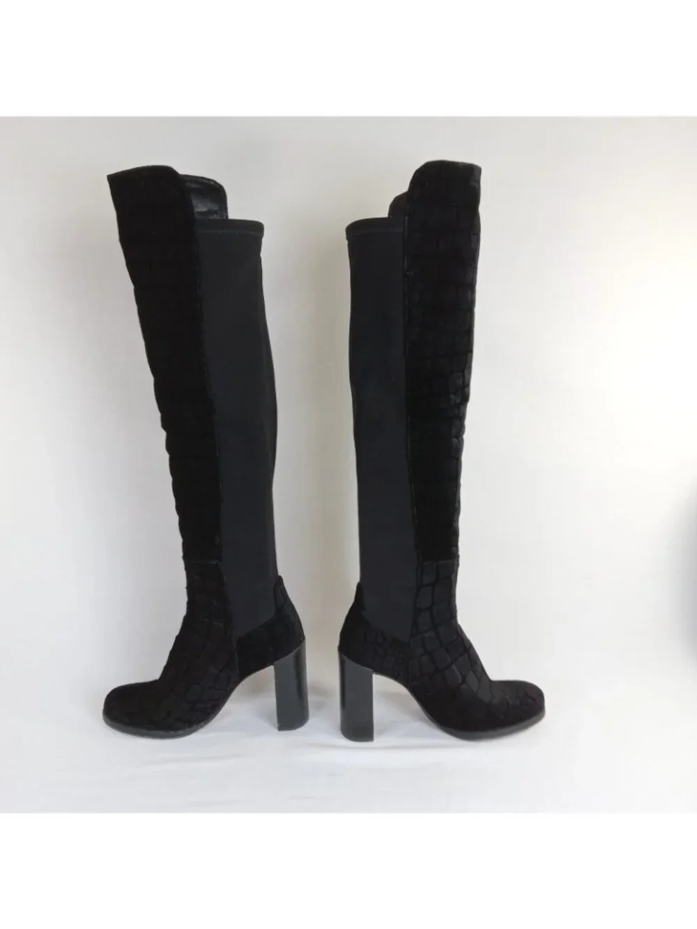 Stuart Weitzman Black Velvet Embossed Over Knee Block Heel Stretch Boots SIZE 6
